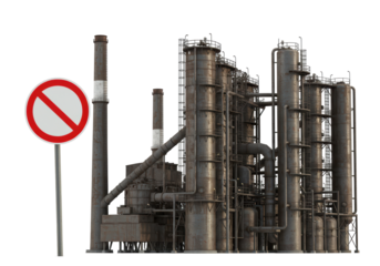 Isolated Heavily Polluted Industrial Plant with a Prohibition Sign