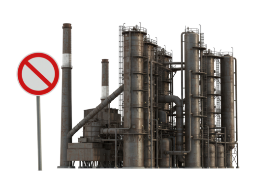 Isolated Heavily Polluted Industrial Plant with a Prohibition Sign
