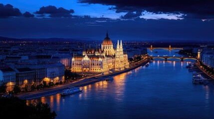 Fototapeta premium Scenic Night View of Hungarian Parliament Building by Danube River
