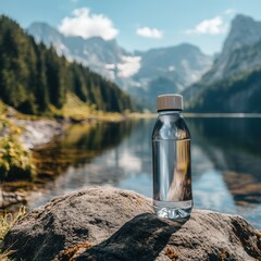 Obraz premium Refreshing Water Bottle by Mountain Lake in Stunning Nature Landscape