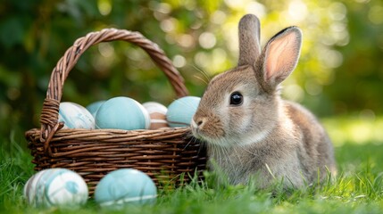 Easter Bunny with Basket of Painted Eggs in Spring Grass