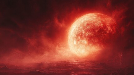 Fiery red star shines brightly through smoky, dusty expanse. Eerie, celestial view