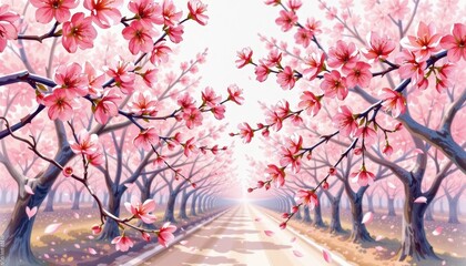 Fototapeta premium Serene Pink Blossom Trees Lining a Pathway Peaceful Spring Scenery