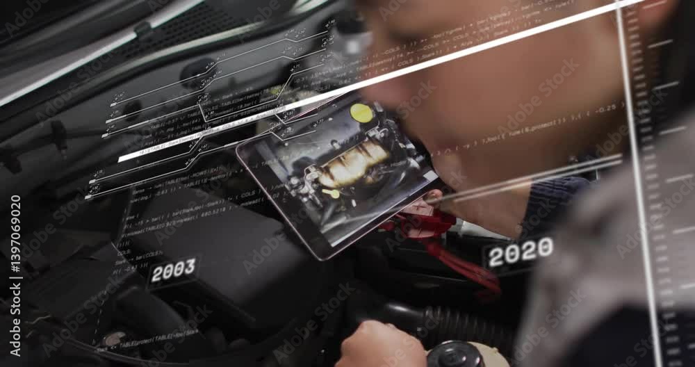 Poster using tablet with animation, mechanic diagnosing car engine with augmented reality