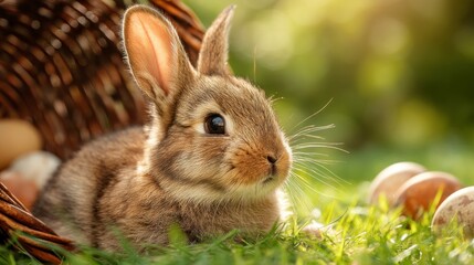 Fototapeta premium Cute Little Brown Bunny with Easter Eggs in a Woven Basket