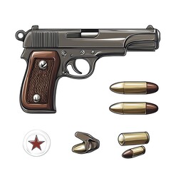 Detailed makarov pistol bullets clip handle set displayed on white background image