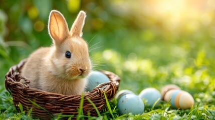 Fototapeta premium Cute Bunny Sitting in Basket with Decorated Eggs on Green Grass