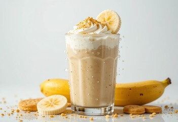banana smoothie. Creamy banana smoothie. A delicious-looking banana smoothie topped with whipped cream and a biscuit. A creamy banana smoothie topped with whipped cream and a crunchy biscuit. 