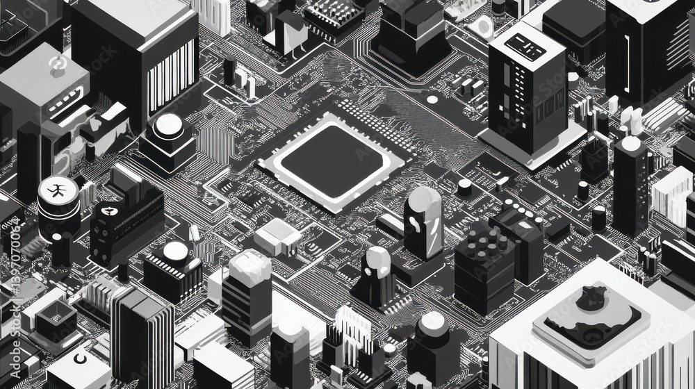 Poster monochrome electronic cpu digital chip, processor and electronic components on a motherboard or circ