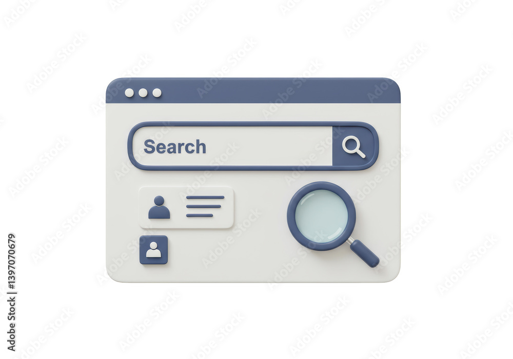 Poster isolated 3d rendering of a website search interface with magnifying glass