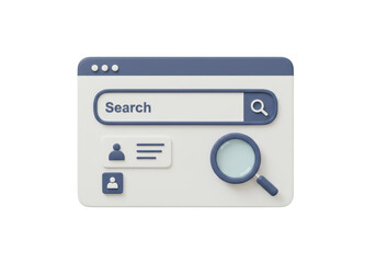 Isolated 3D Rendering of a Website Search Interface with Magnifying Glass