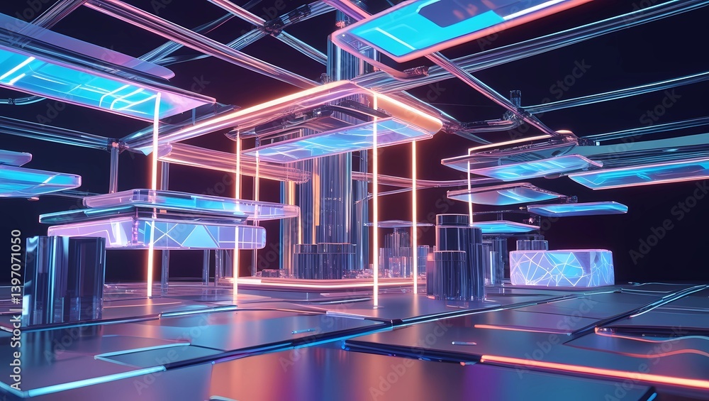 Aufkleber high-tech abstract illustration of layered holographic panels with dynamic glowing elements, symboli
