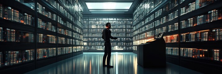 Fototapeta premium A robotic humanoid interacting with a massive digital database