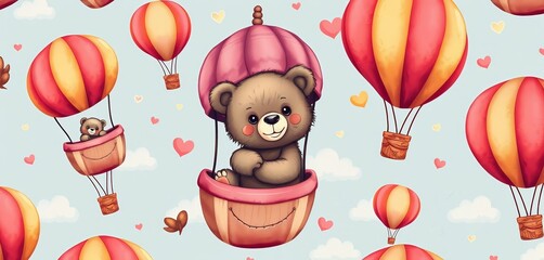 Adorable baby bear in hot air balloon, whimsical seamless pattern, fabric, whimsical