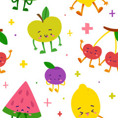 Cute fruit characters pattern for kids. Seamless vector print with cartoon fruit and berries.