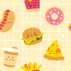 Fast food pattern with cute characters. Seamless vector print with street food for kids.