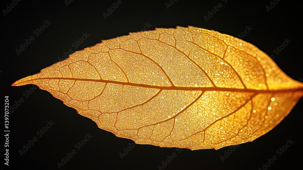 Poster detailed view of a golden leaf. close-up of a leaf's intricate vein structure, illuminated with a go