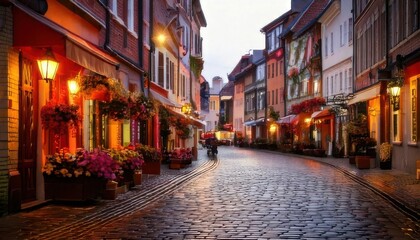 Charming cobblestone street with colorful buildings and warm lights