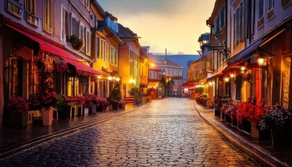 Fototapeta premium Charming European Street with Colorful Buildings and Warm Lighting