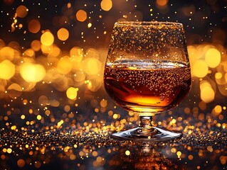 Brandy glass surrounded by sparkling golden droplets