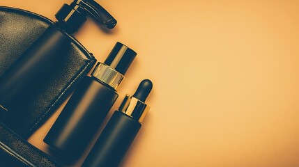 Compact skincare bottles and tubes arranged beside a minimalist pouch on beige surface
