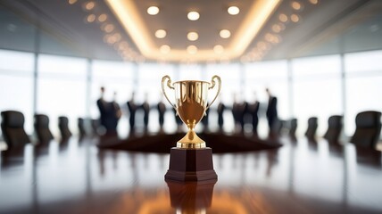 Golden trophy positioned on a wooden conference table, corporate success symbol