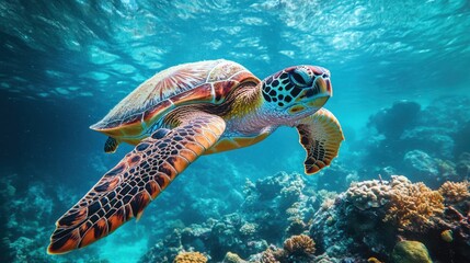 Fototapeta premium Sea turtle swimming above coral reefs in turquoise water. Perfect for marine conservation or nature travel imagery.