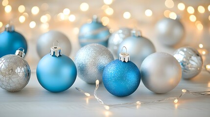 Festive Blue and Silver Christmas Ornaments with Soft Background