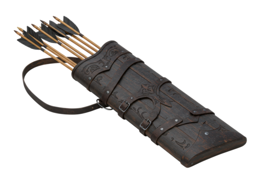Isolated Ornate Leather Quiver with Arrows Ready for Archery