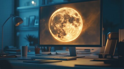 Fototapeta premium Luminous Full Moon Display on Modern Computer Monitor in Nighttime Setting