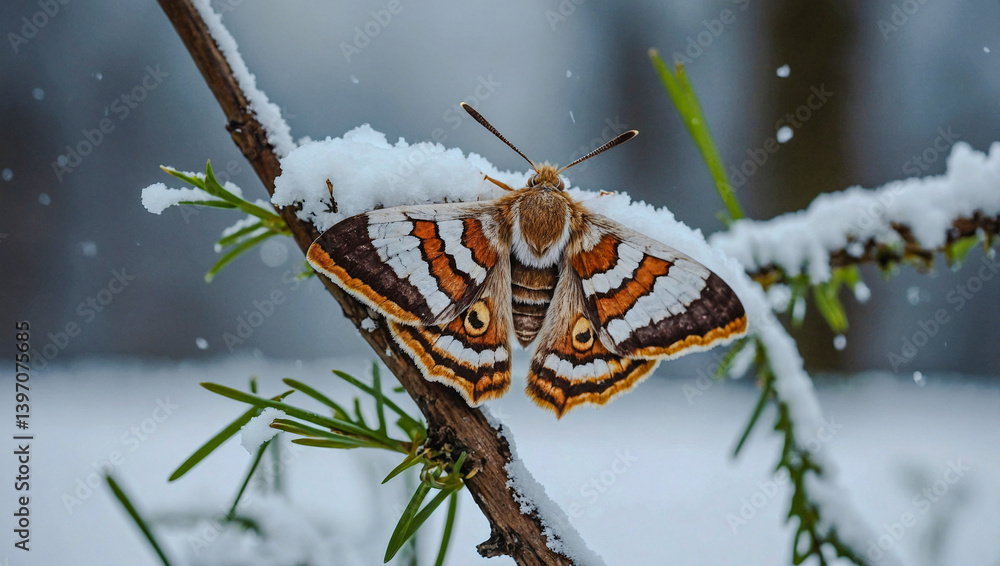 Poster close-up of a moth on a tree branch, surrounded by snow and grass.