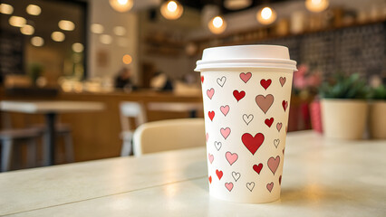 Charming Heart-Patterned Coffee Cup in Cozy Café Setting
Keywords: coffee cup, heart pattern, disposable cup, black lid, café ambiance, cozy, red hearts, pink hearts, blurred background, warm light, a