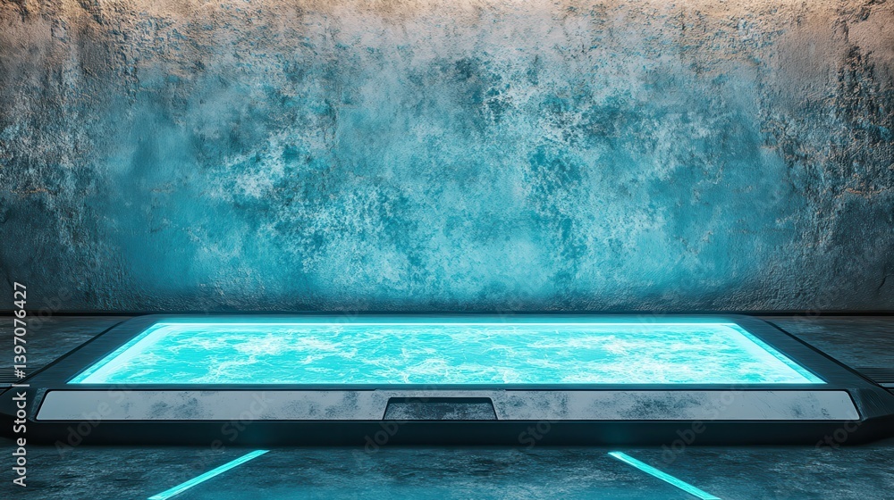Poster futuristic sci fi concrete floor with blue strips lighted frozen glass on both sides with empty spac