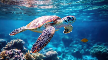 Obraz premium Sea turtle swimming in blue ocean water over coral reefs. Use this image to promote marine life conservation and awareness.