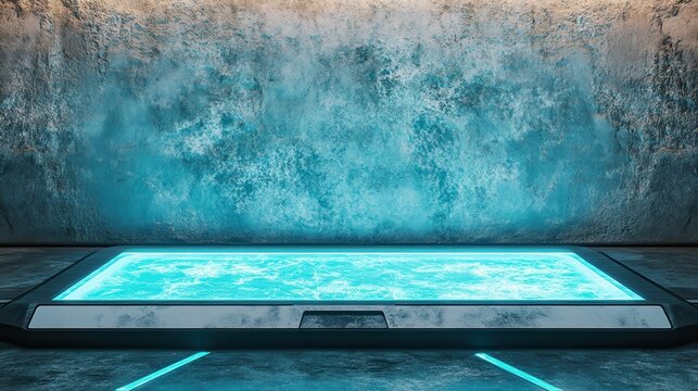 Futuristic Sci Fi Concrete Floor With Blue Strips Lighted Frozen Glass On Both Sides With Empty Space For Text Inside Billboard Like Concept 3D Rendering illustration