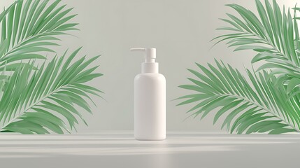 Clean skincare bottle with pump design surrounded by fresh green houseplant background