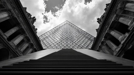 Modern Glass Pyramid Among Historical Architecture in Black and White