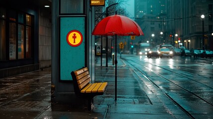 Rainy Night City Street Scene with Red Umbrella and Empty Bench