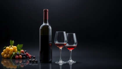 Fototapeta premium Glossy black background, realistic wine bottle & glass, ample copy space , mockup, photo