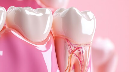 Close-Up View of Tooth Anatomy with Gum and Nerves on Pink Background