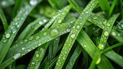 Naklejka premium Dew-kissed blades of grass. Close-up view of vibrant green grass leaves covered in glistening water droplets