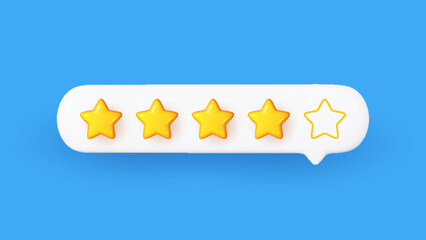 3D yellow star rating inside a white speech bubble. Realistic customer review symbol representing top service and positive feedback.