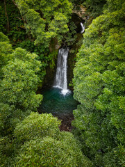 Aerial view of the Salto do Prego waterfall, Sao Miguel, Azores Islands, Portugal. View through the lush green forest.