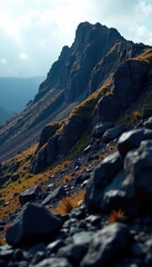 Obraz premium Rugged hill, dark volcanic rock, textured surface, macro, hill