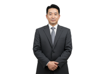 Isolated Middle-Aged Asian Businessman in a Gray Suit