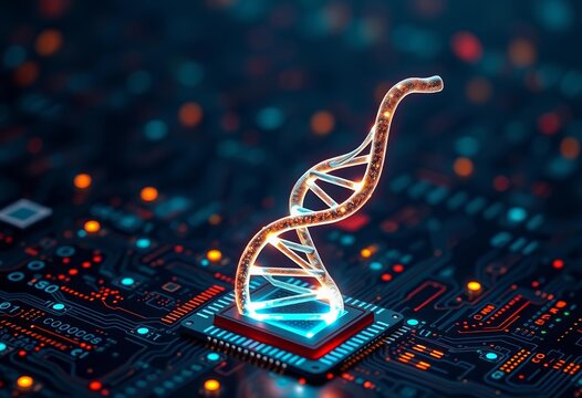 Glowing digital DNA helix rising from microchip, binary code backdrop, genetic engineering,  sci-fi
