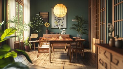 Minimal asian style dining room with floral table centerpiece