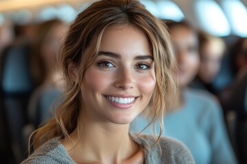 A flight attendant wearing a uniform is helping passengers on an airplane. Other travelers and seating arrangement visible.