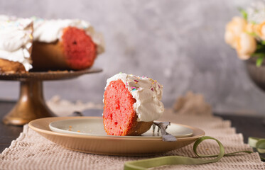 Ciaramicola is a traditional Perugian dessert, an Umbrian Easter cake. A donut-shaped cake with meringue that hides a fiery red heart and colored sprinkles.