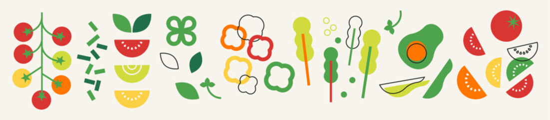 Decorative abstract flat vector illustration with various green veggies. Appetising vegetables collection. Greens icon set. Wide background for poster, cover design, banner. Healthy food concept